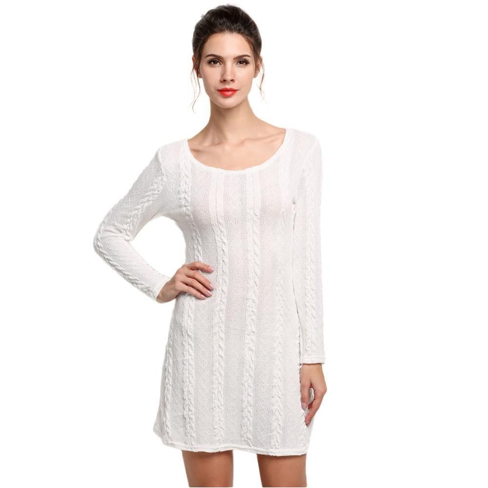 Women Casual Winter Autumn Dress Ladies Long Sleeve Crewneck Jumper Slim Casual Knitted Sweater Mini Dress