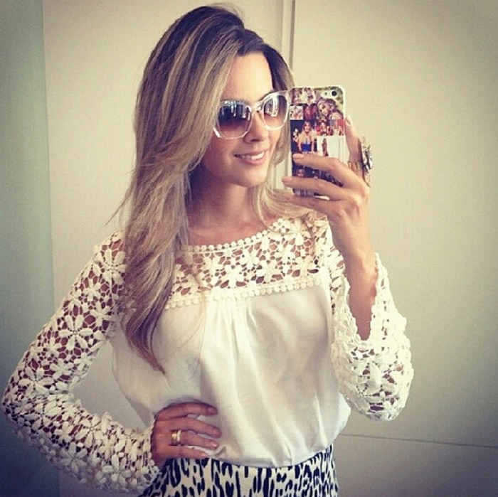 Women White Crochet Lace Shirt Female Floral Crochet Lace Long Sleeve Chiffon Blouse Lace Plus Size S-3XL