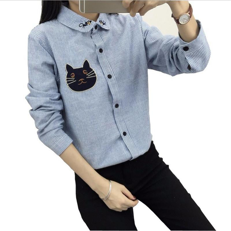 Women Shirt Embroidery Cat Good Long Sleeve Shirts Women Striped Shirts Cotton Blouse 8 Models M-XL