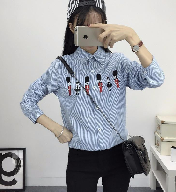 Women Shirt Embroidery Cat Good Long Sleeve Shirts Women Striped Shirts Cotton Blouse 8 Models M-XL