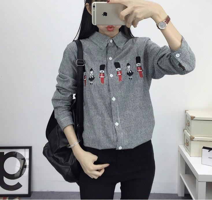 Women Shirt Embroidery Cat Good Long Sleeve Shirts Women Striped Shirts Cotton Blouse 8 Models M-XL