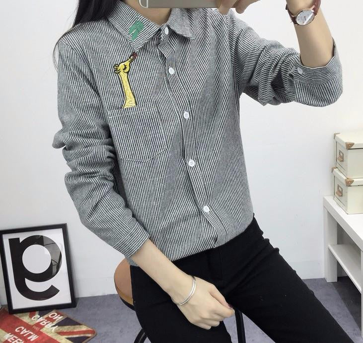 Women Shirt Embroidery Cat Good Long Sleeve Shirts Women Striped Shirts Cotton Blouse 8 Models M-XL