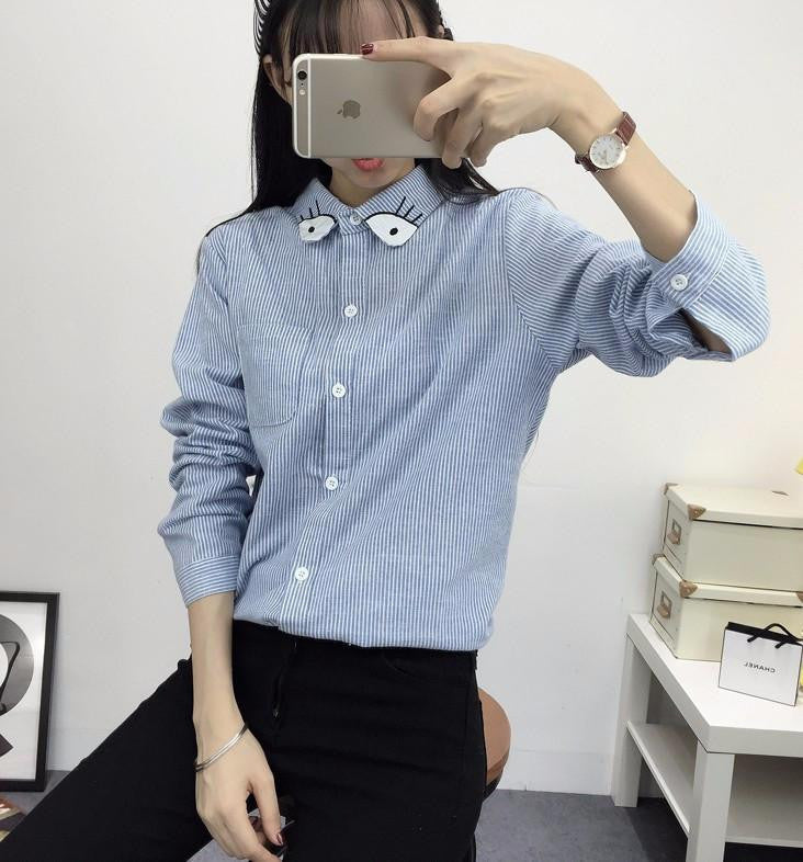 Women Shirt Embroidery Cat Good Long Sleeve Shirts Women Striped Shirts Cotton Blouse 8 Models M-XL