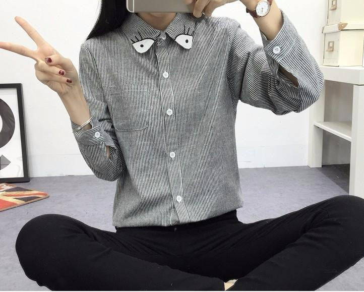 Women Shirt Embroidery Cat Good Long Sleeve Shirts Women Striped Shirts Cotton Blouse 8 Models M-XL