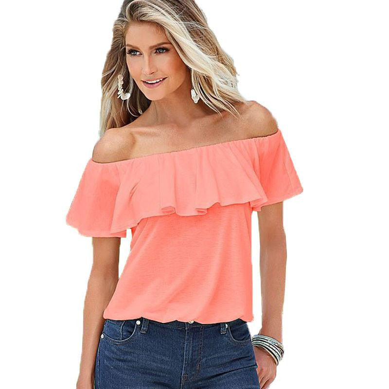 Women Tops Slash Neck Ruffles Blouses Off Shoulder Casual Slim Shirt
