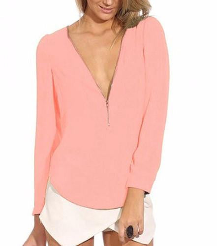 Women's Fashion Casual V Neck Long Sleeve Zipper Tops Chiffon Blouses