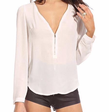 Women's Fashion Casual V Neck Long Sleeve Zipper Tops Chiffon Blouses