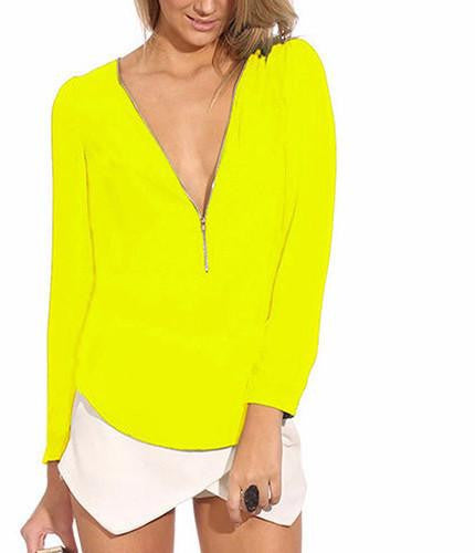 Women's Fashion Casual V Neck Long Sleeve Zipper Tops Chiffon Blouses