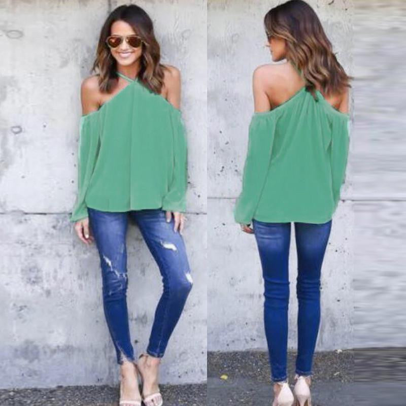 Halter O-Neck Off Shoulder Chiffon Women Blouse Casual Long Sleeve Club Party Plus Size Tops