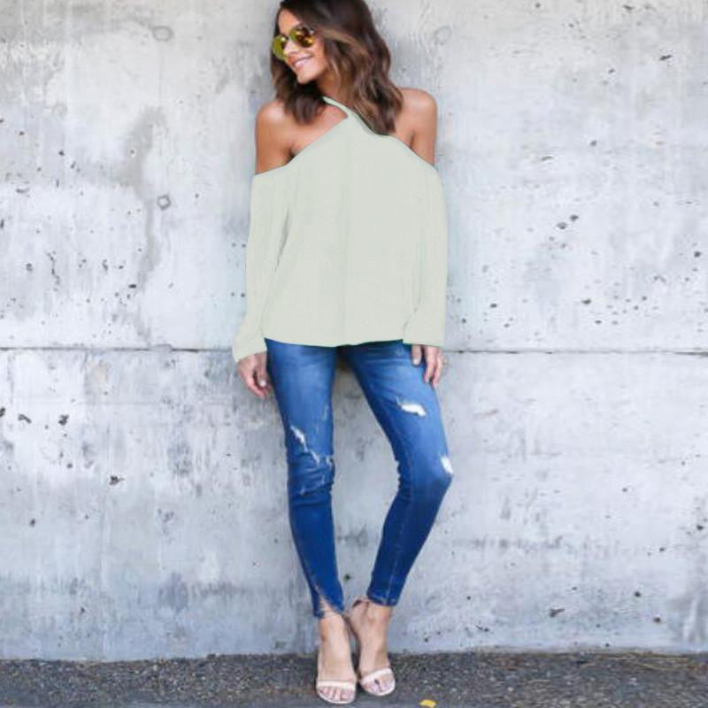 Halter O-Neck Off Shoulder Chiffon Women Blouse Casual Long Sleeve Club Party Plus Size Tops