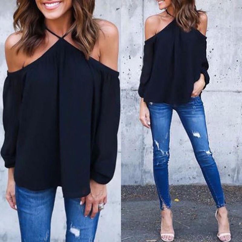 Halter O-Neck Off Shoulder Chiffon Women Blouse Casual Long Sleeve Club Party Plus Size Tops