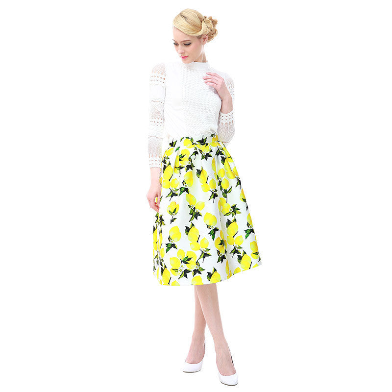 Online discount shop Australia - High Quality Women Skirt New Fashion Yellow Lemon Print Ball Gown Pleated High Waist Midi Skirt Women Saia S-XL