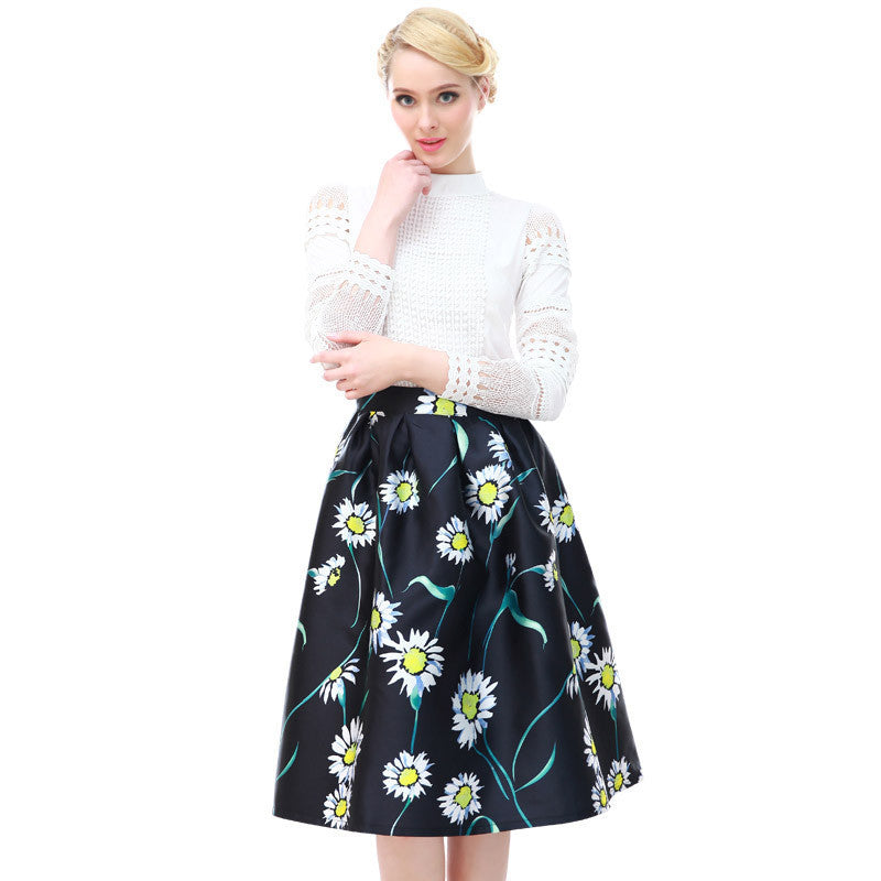 Online discount shop Australia - High Quality Women Skirt New Fashion Yellow Lemon Print Ball Gown Pleated High Waist Midi Skirt Women Saia S-XL