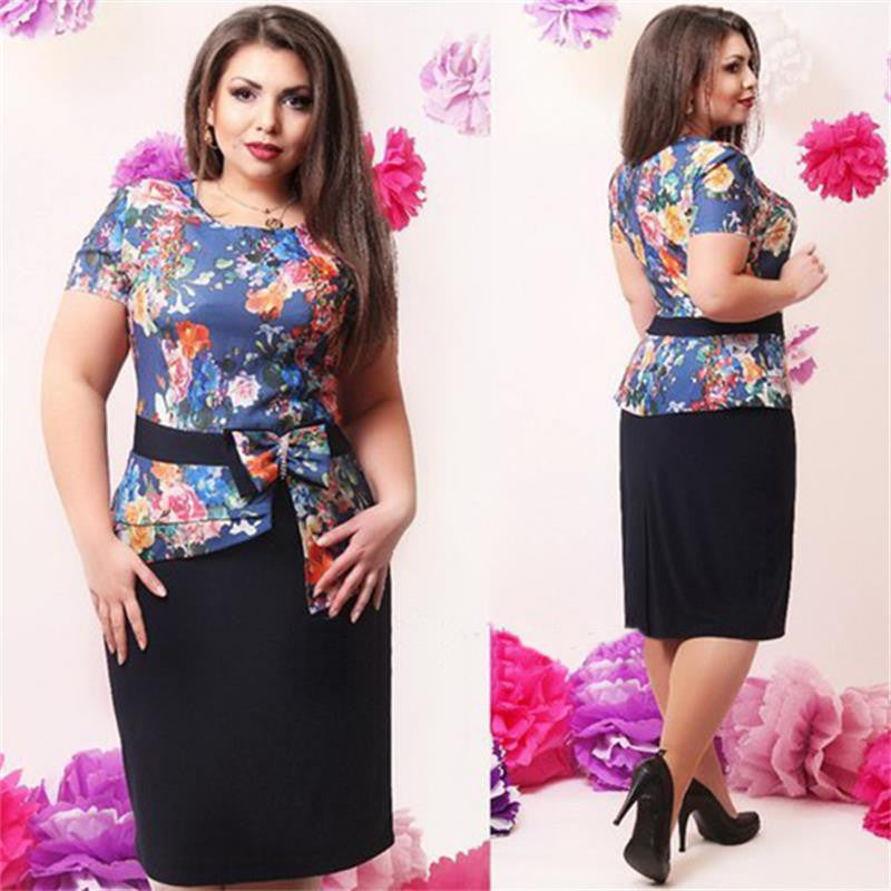 Online discount shop Australia - L-6XL Elegant 2 piece set office women dresses big sizes casual Printed Bow bodycon Dress plus size women Vestidos