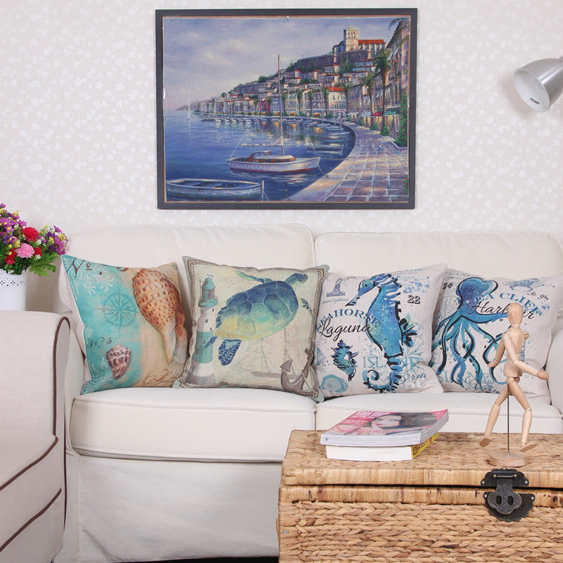 Online discount shop Australia - Mediterranean Style Pillowcase Linen Cushion Cover Shedd Aquarium Marine Biology Octopus Pillow Covers Conch hippocampus