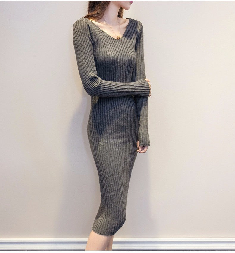 Online discount shop Australia - Fashion Women Dress Autumn Winter Long Sweater Dresses Black V-Neck Long Sleeve Knitted Dress Skinny Slashed Pencil Dress