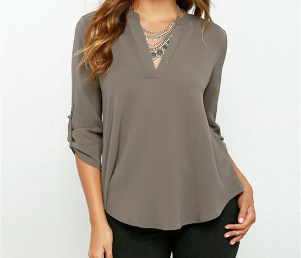 Women V Neck Chiffon Blouse Tops Fashion OL Style Fold Long Sleeve Casual Gray Blouses Plus Size Shirt