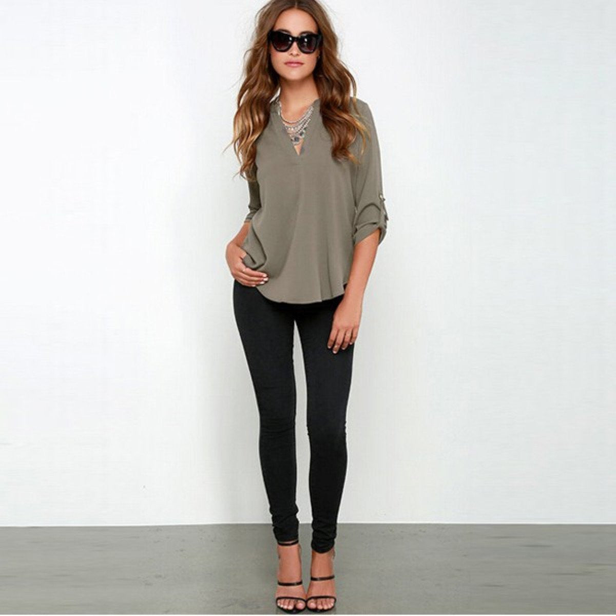 Women V Neck Chiffon Blouse Tops Fashion OL Style Fold Long Sleeve Casual Gray Blouses Plus Size Shirt