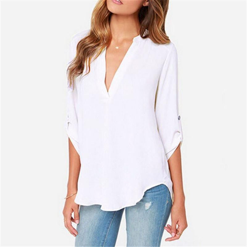 Women V Neck Chiffon Blouse Tops Fashion OL Style Fold Long Sleeve Casual Gray Blouses Plus Size Shirt