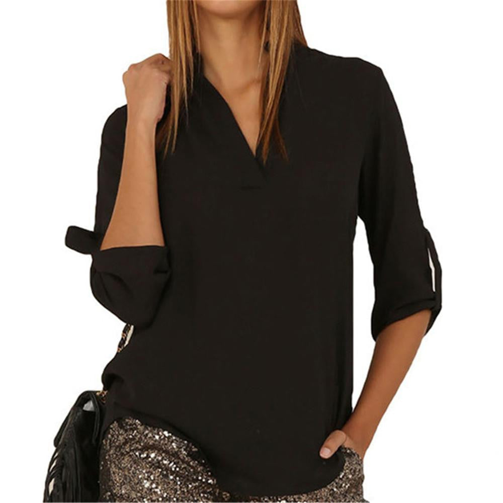 Women V Neck Chiffon Blouse Tops Fashion OL Style Fold Long Sleeve Casual Gray Blouses Plus Size Shirt
