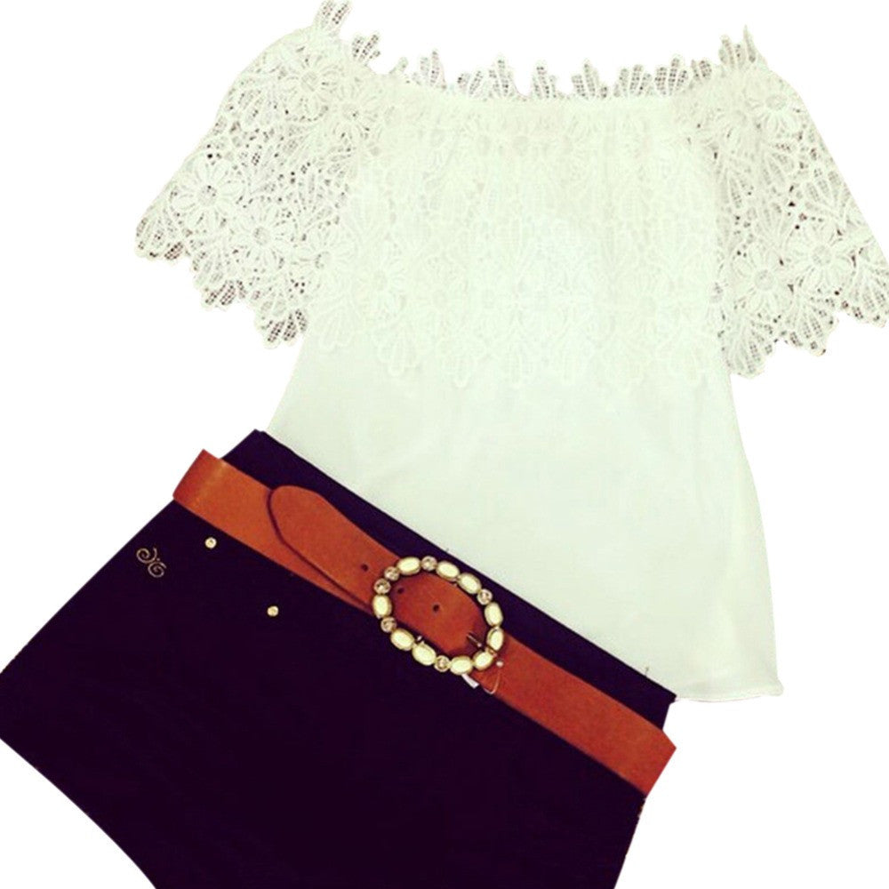 Women Lace Crochet Off Shoulder Chiffon T Shirt Casual Tops
