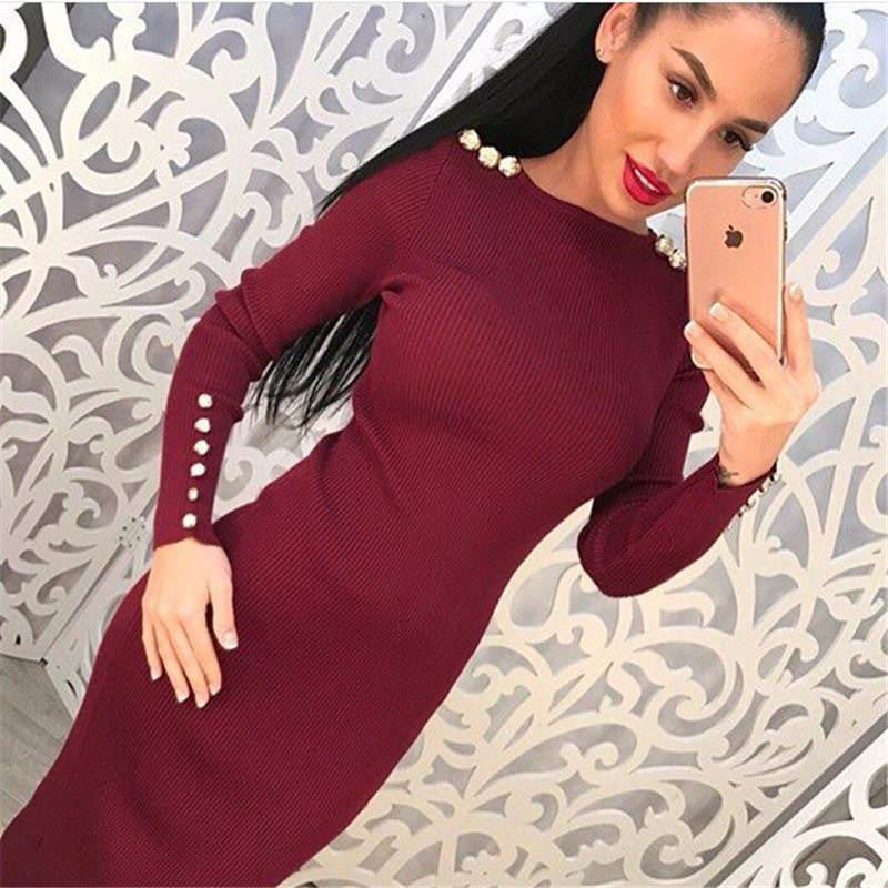 Warm Knitted Midi Dress Women Solid Long Sleeve Package Hip Bodycon Dress