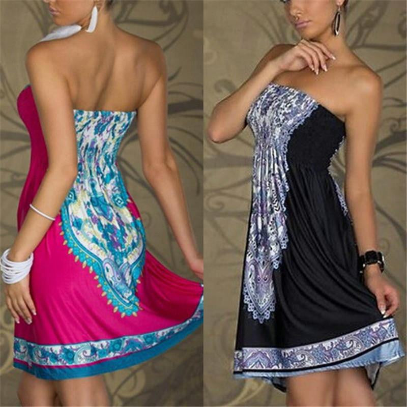Women Mini Dress Casual Floral Bandeau Beach Summer Boho Maxi Sundress