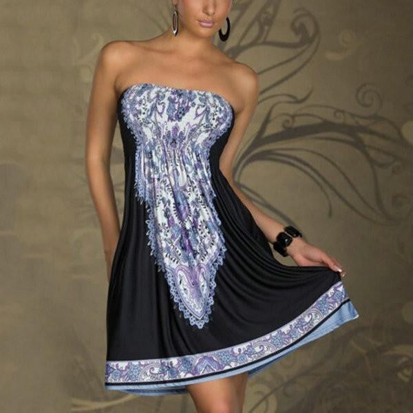 Women Mini Dress Casual Floral Bandeau Beach Summer Boho Maxi Sundress