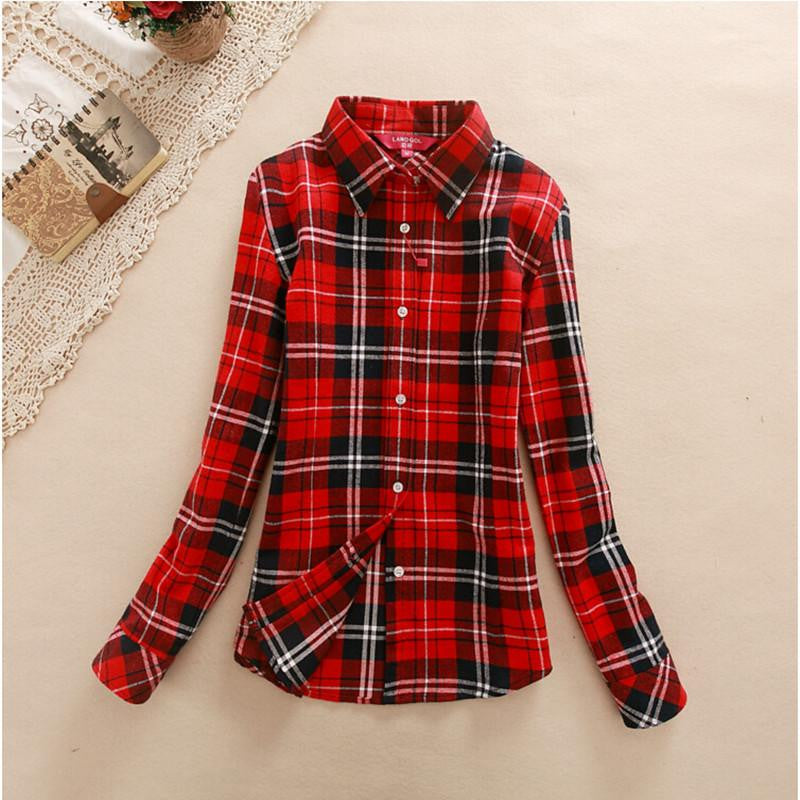 Women's Shirt Ladies Female Casual Cotton Lapel Long-Sleeve Plaid Shirt Women Slim Outerwear Blouse Tops
