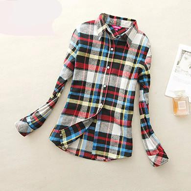 Women's Shirt Ladies Female Casual Cotton Lapel Long-Sleeve Plaid Shirt Women Slim Outerwear Blouse Tops