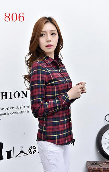 Women's Shirt Ladies Female Casual Cotton Lapel Long-Sleeve Plaid Shirt Women Slim Outerwear Blouse Tops