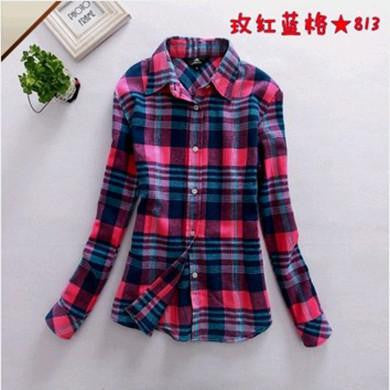 Women's Shirt Ladies Female Casual Cotton Lapel Long-Sleeve Plaid Shirt Women Slim Outerwear Blouse Tops