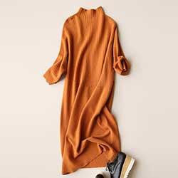 Winter Wool Dress Sweater Women Stand Collar Knit Dresses Korean Style Dresses Three Quarter Sleeves Mid Calf Dresses