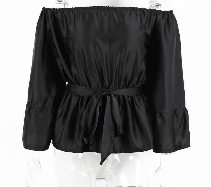 off shoulder ruffle satin blouse shirt Soft flare sleeve bow tops Elegant glossy pink women blouses