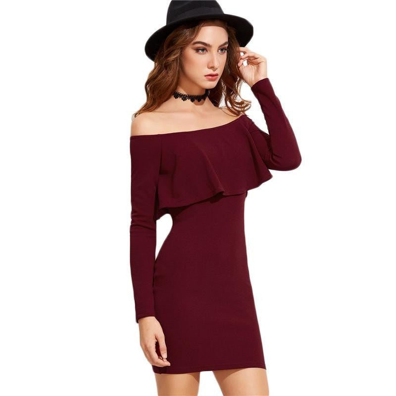 SheIn Autumn Women's Dress Bodycon Burgundy Off The Shoulder Ruffle Mini Party Dresses Long Sleeve Fall Dress
