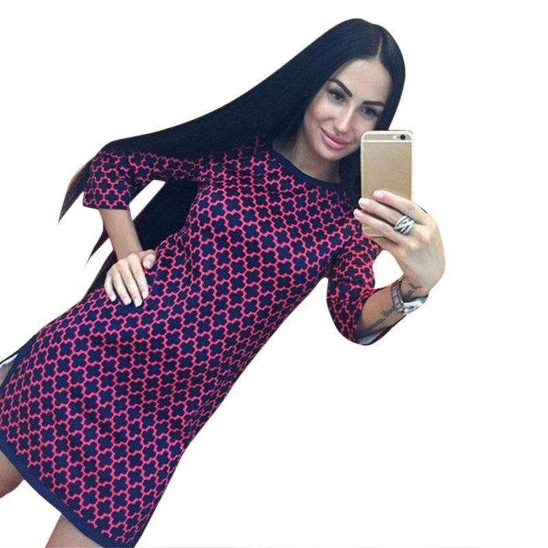 Online discount shop Australia - Elegant Women Autumn Dress Vintage Cross Plaid Print neck 3/4 Long Sleeve Party Dresses Casual Straight Loose Dress Yo