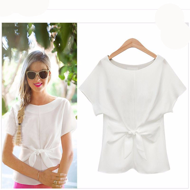 Online discount shop Australia - Fashion Women Blouses Bowknot O-neck Short Sleeve Chiffon Blouse Casual Vintage Tops Shirt Women Plus Size
