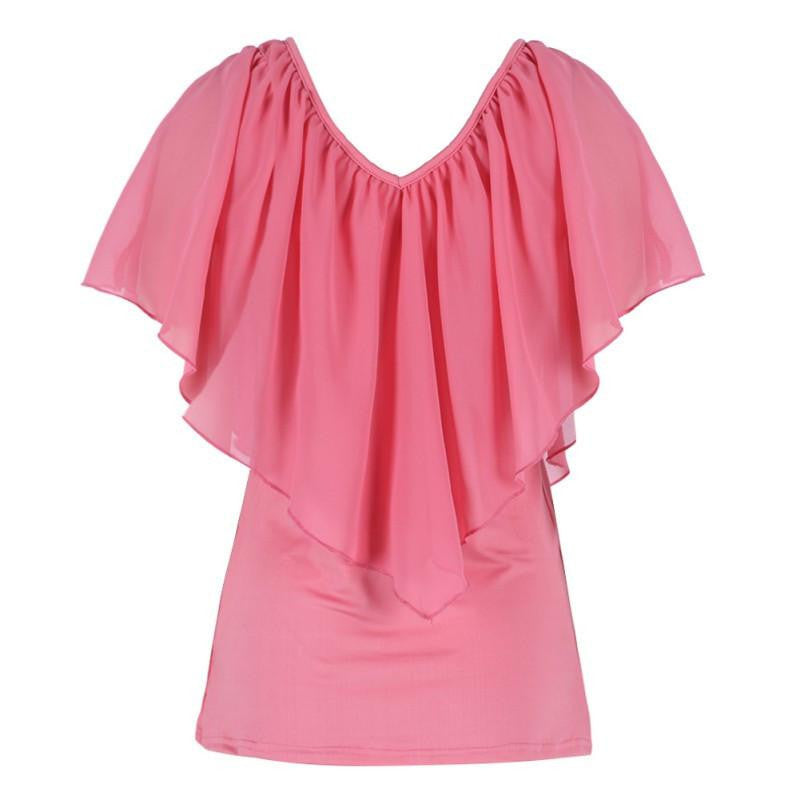 Women's Chiffon V-Neck Tops Short Sleeve Shirt Blouse Top