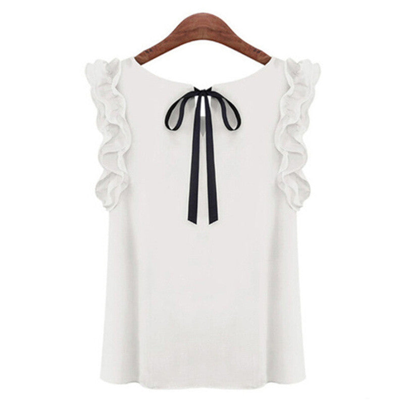 Online discount shop Australia - Fashion  Bow Solid O-neck Sleeveless Women Blouses With Chiffon X37
