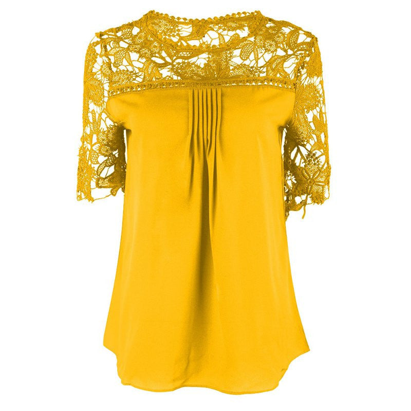 Plus Size Women Clothing Chiffon Blouse O-Neck Patchwork Tops Casual Blouses K6