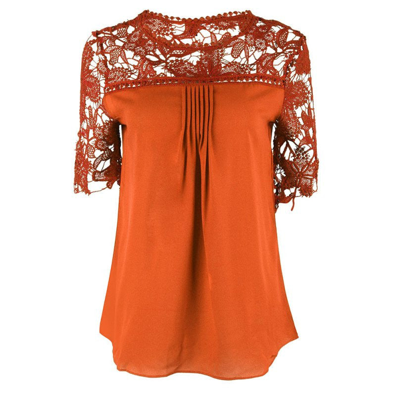 Plus Size Women Clothing Chiffon Blouse O-Neck Patchwork Tops Casual Blouses K6