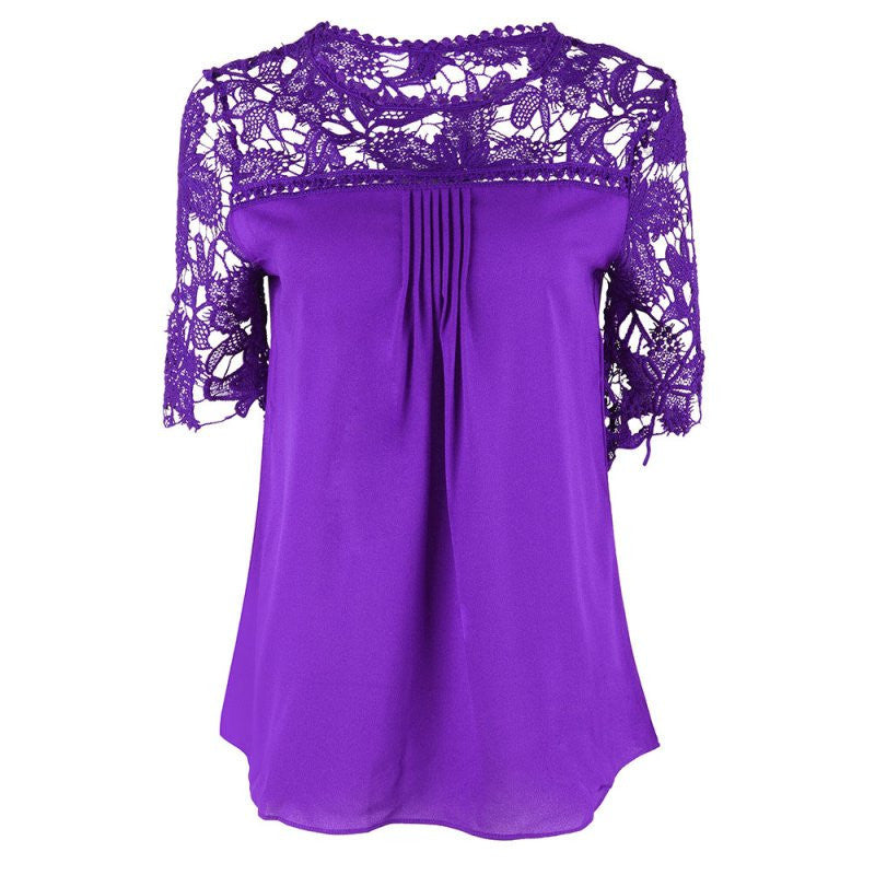 Plus Size Women Clothing Chiffon Blouse O-Neck Patchwork Tops Casual Blouses K6