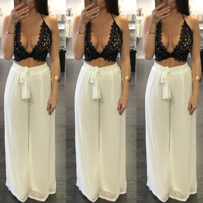 Deep V neck Women Jumpsuit Two Pieces Set Lace Backless Crop Top Long Loose Pants Beach Party Bodycon Playsuit