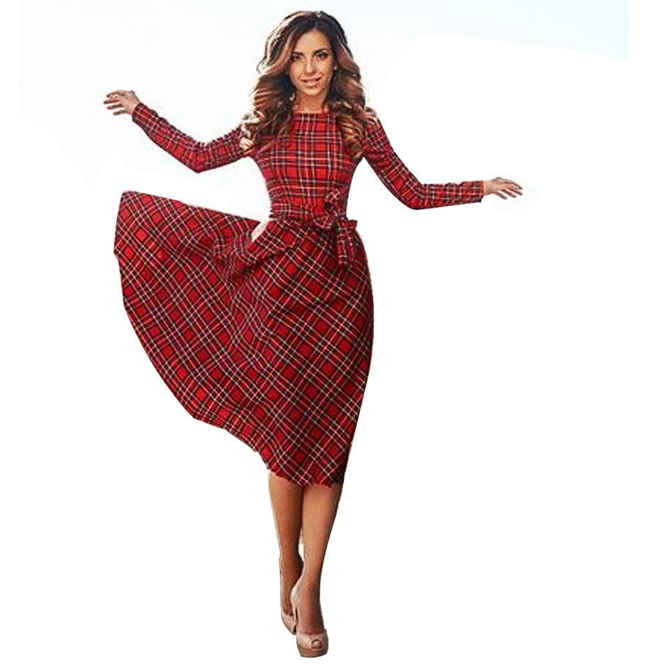 Online discount shop Australia - Leisure Vintage Dresses Autumn Fall Women Plaid dress women plaid Print Autumn Casual elegant Dress Knee-length vestidos