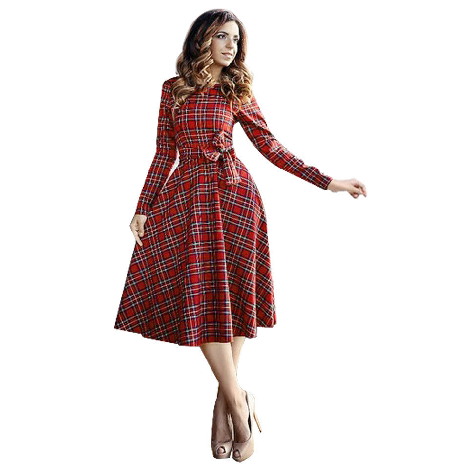 Online discount shop Australia - Leisure Vintage Dresses Autumn Fall Women Plaid dress women plaid Print Autumn Casual elegant Dress Knee-length vestidos
