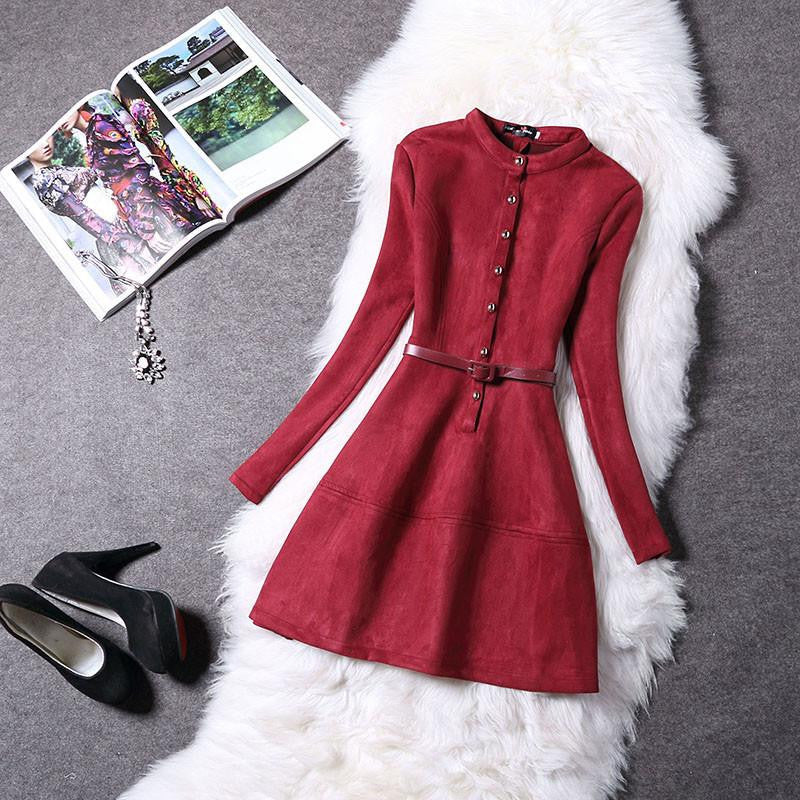Women Dress Long Sleeve Suede Spring Elegant Casual Bodycon Prom Party Dress Slim Vestidos