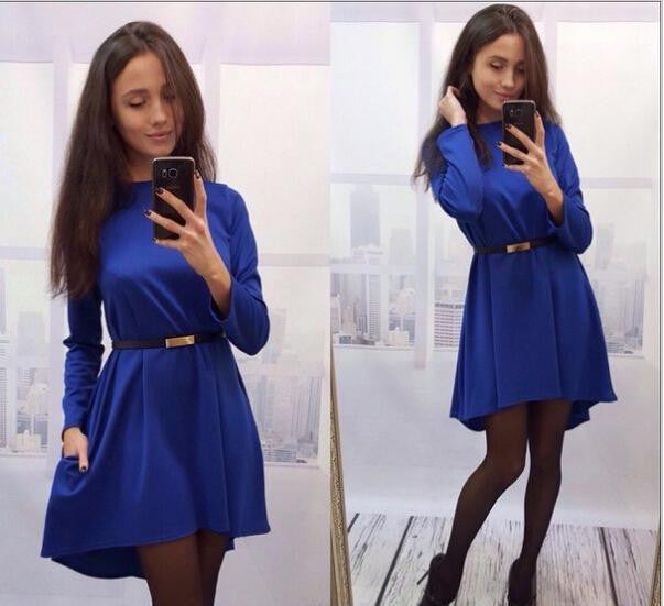 women casual solid dress popular long sleeve O-neck loose dress without belt