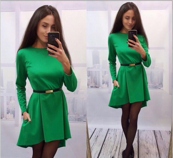women casual solid dress popular long sleeve O-neck loose dress without belt