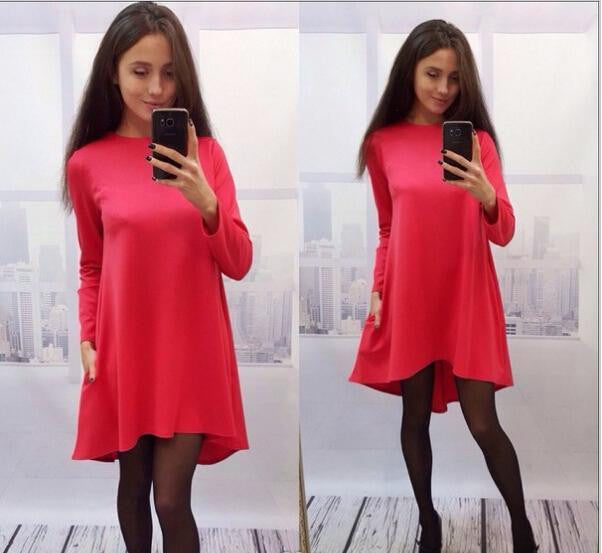 women casual solid dress popular long sleeve O-neck loose dress without belt