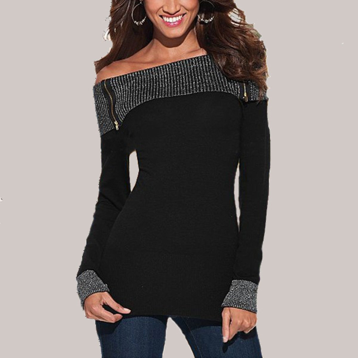 Women T Shirt Off The Shoulder Zipper Long Sleeve Thin Tops T-shirt Plus Size Casual Slim Bodycon